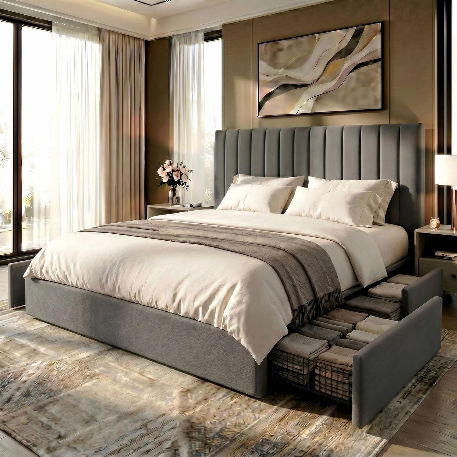 King Size Bed Frame With Storage Drawers - Rangka Tempat Tidur Platform Ukuran King