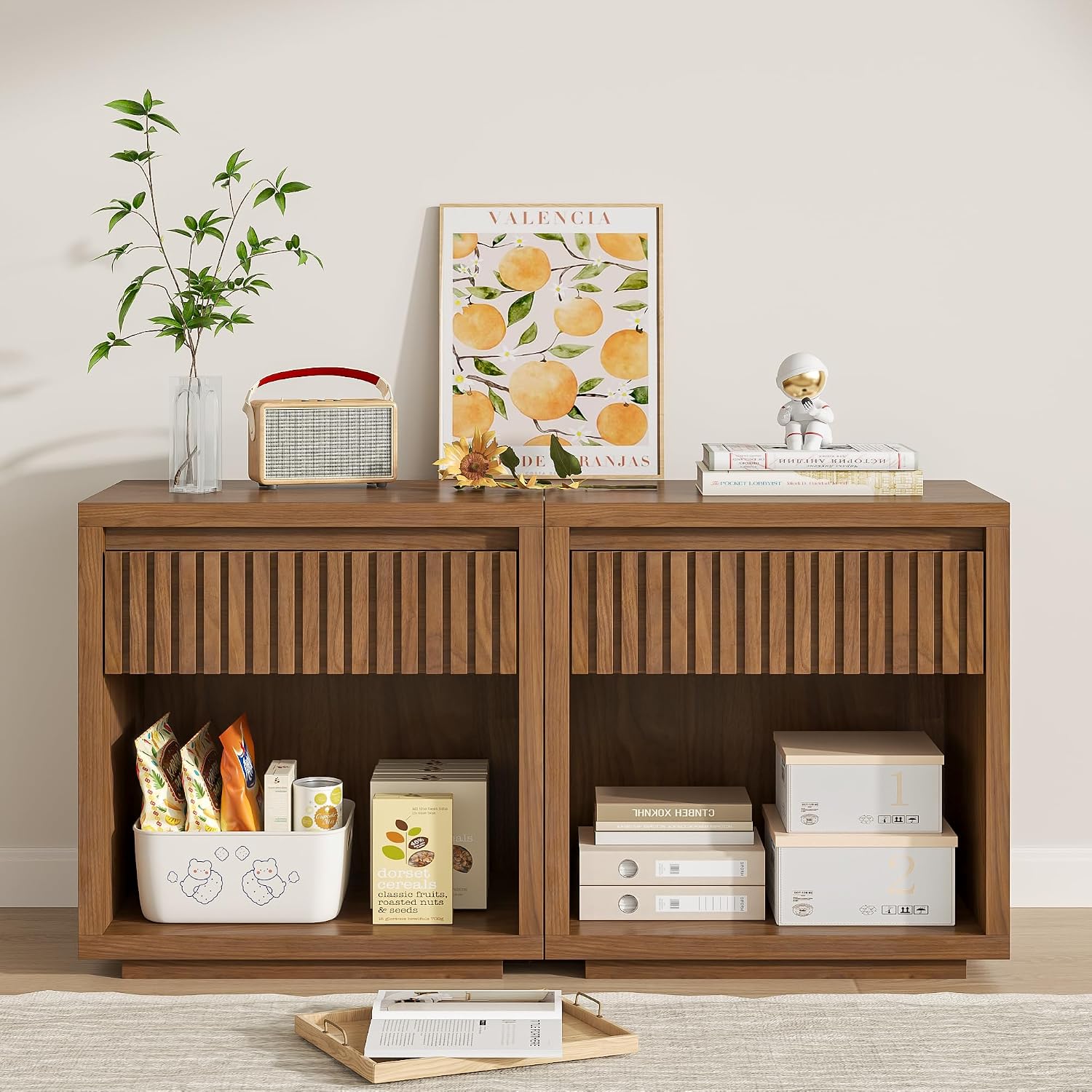 Solid Wood Nightstand 2 Drawers - Set Meja Samping Tempat Tidur dengan